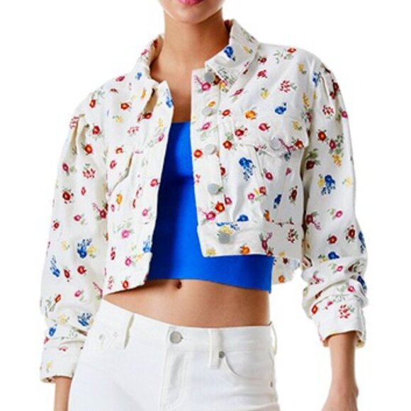Alice + Olivia Renee Floral Embroidered Cropped Denim Jean White Jacket  XS - Picture 1 of 10